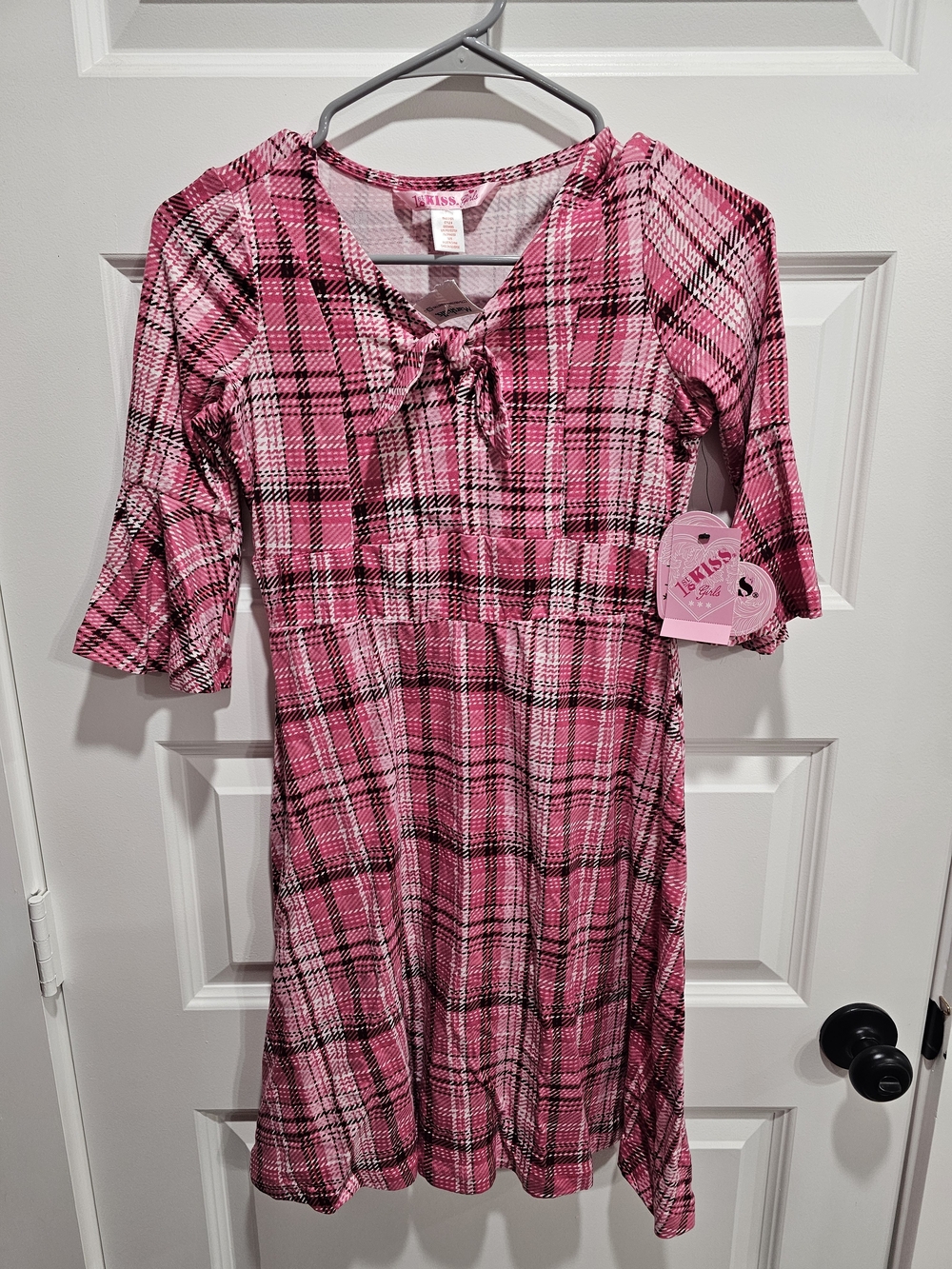 1st Kiss Pink Plaid Tie-Neck Kids Casual Dress